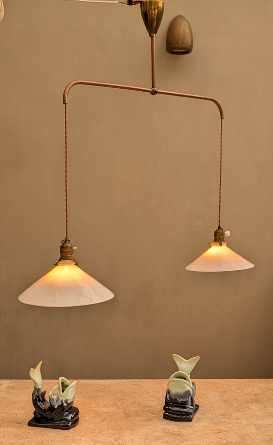 Suspension double années 50, Verre, Textile, Marron (photo 10 sur 12)