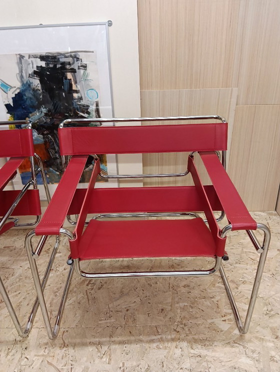 Image 1 of KNOLL Studio Set van 2 WASSILY B3 fauteuils (NIEUW) in rood leer