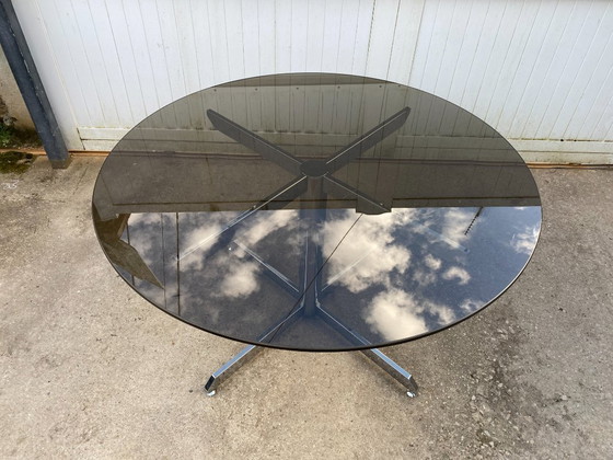 Image 1 of Round smoked glass and chrome table by Florence Knoll and Roche Bobois, 1970s