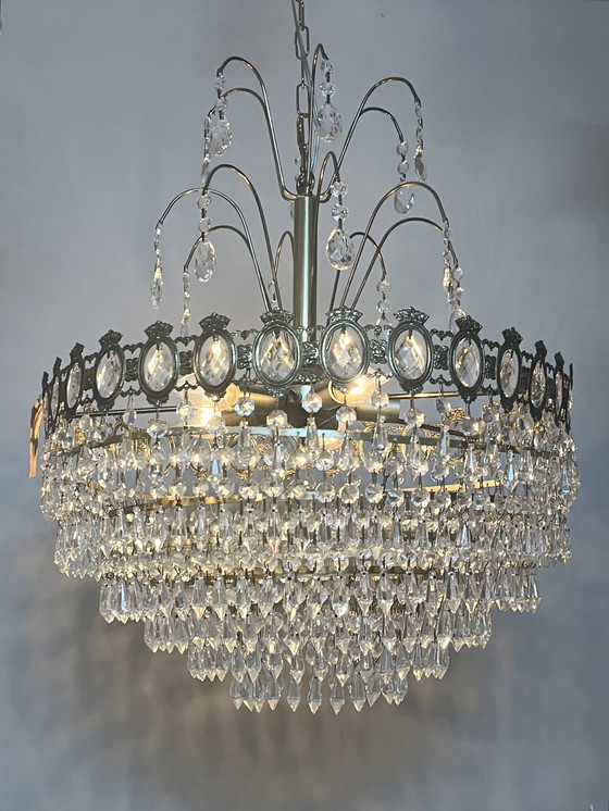 Image 1 of Xl vintage chandelier crystal pendants drops bronze frame