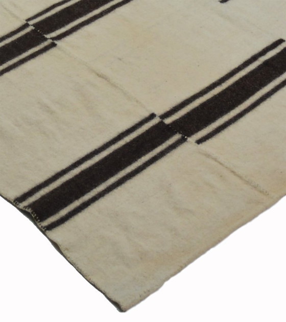 Minimal Vintage Anatolian Kilim – Cream & Black Striped Handwoven Wool Flatweave Rug 281 x 185 cm (photo 7 of 10)