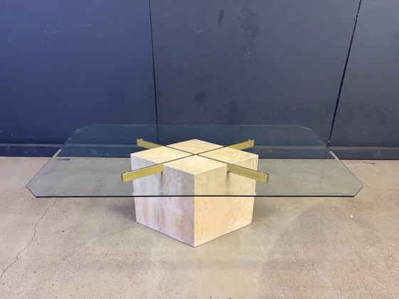 Travertine And Brass Coffee Table By Artedi, 1980s – Glass, Metal (photo 3 of 9)