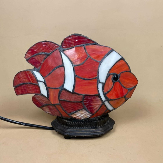 Image 1 of Tiffany Style Clown Fish Lamp Light Bedside Table Patterned Glass Shade Metal Base Brass Antique Pattern Vintage Lampshade Multi