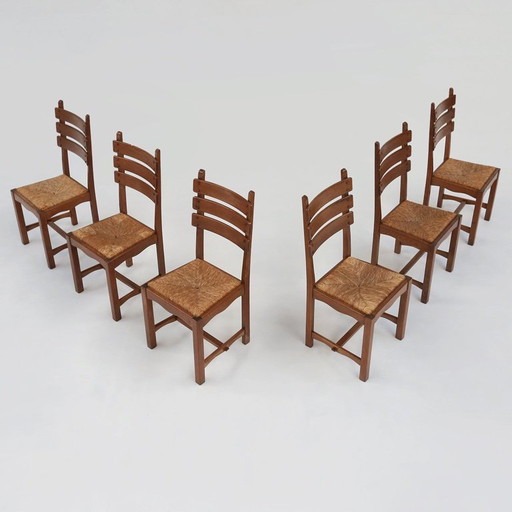Brutalist Dining Chairs in Oak and Wicker, Set of 6