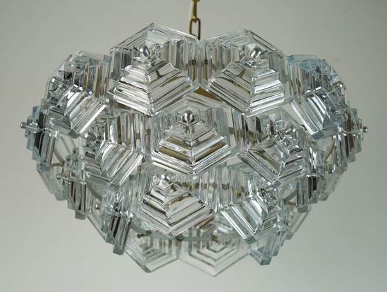 Image 1 of 3-tier mid century PENDANT LIGHT with 27 hexagonal glass panels 1960s 70s chandelier