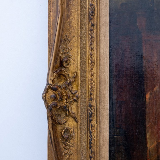 Image 1 of Edward Portielje "La lettre", peinture à l'huile flamande du 19e siècle représentant deux dames