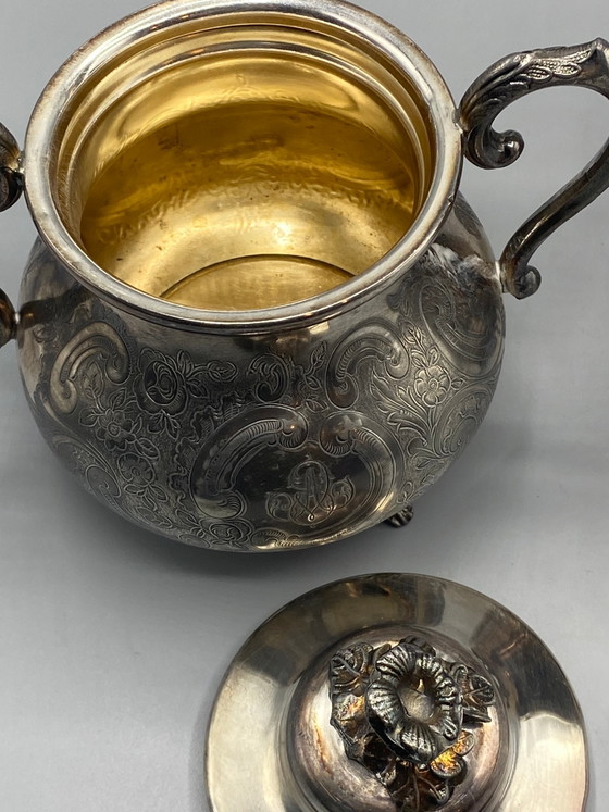 Verzilverde koffiepot en suikerpot set – Armand Frénais – Decoratieve objecten (photo 4 of 9)