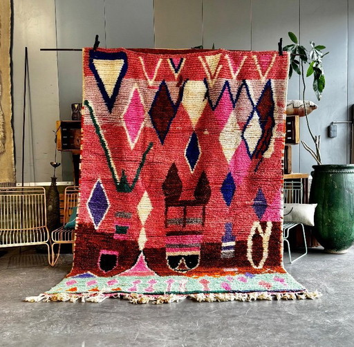 Moderner marokkanischer Berberteppich 200 x 300 cm – Handgeknüpfter Wollteppich mit geometrischem Muster, rosa Boujad-Stil