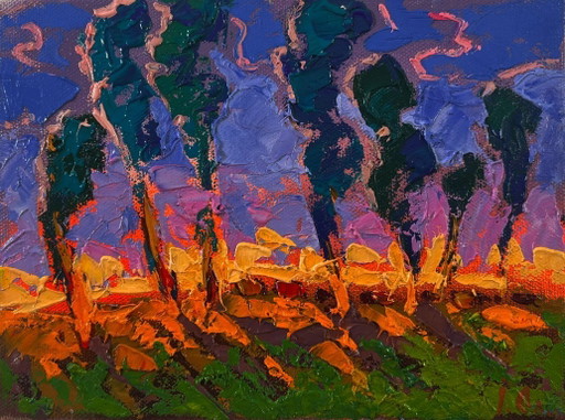 Dipinto ad olio originale, paesaggio estivo naturale, notte lontana.