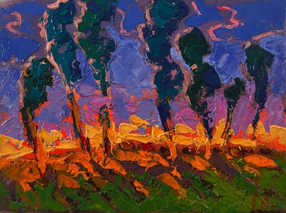 Image 1 of Original Oil Painting Summer Nature Landscape Distant Night