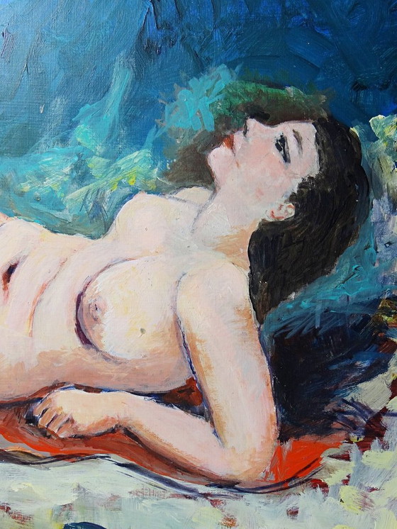 Image 1 of Small painting of a reclining nude woman, modern oil on vintage panel