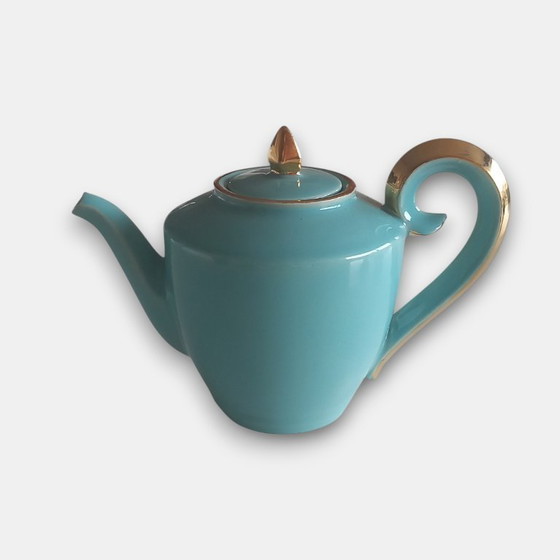 Image 1 of Vintage (1960-1970) handmade design tea set in turquoise glaze with gold accents – teapot and sugar bowl with lid