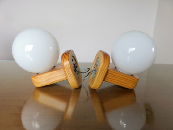 Image 1 of Pair of Scandinavian wall lights in pine and opaline glass, 1980s