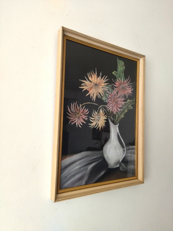 Image 1 of Tableau ancien pastel fleurs J Gelders cadre doré vintage