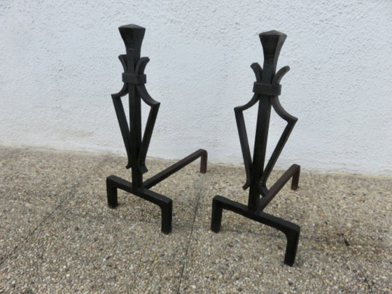 Image 1 of Hammered wrought iron andirons, French work in the style of Subes and Poillerat, 1940s-1950s