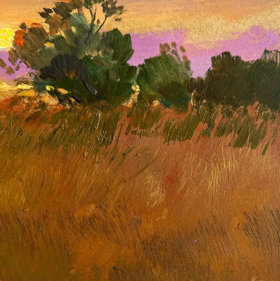 Image 1 of Original Oil Painting Sunset Field Landscape Gold of the passing day