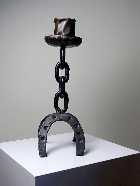 Image 1 of Vintage Brutalist Wrought Iron Candleholder Horseshoes Chain and Wood
