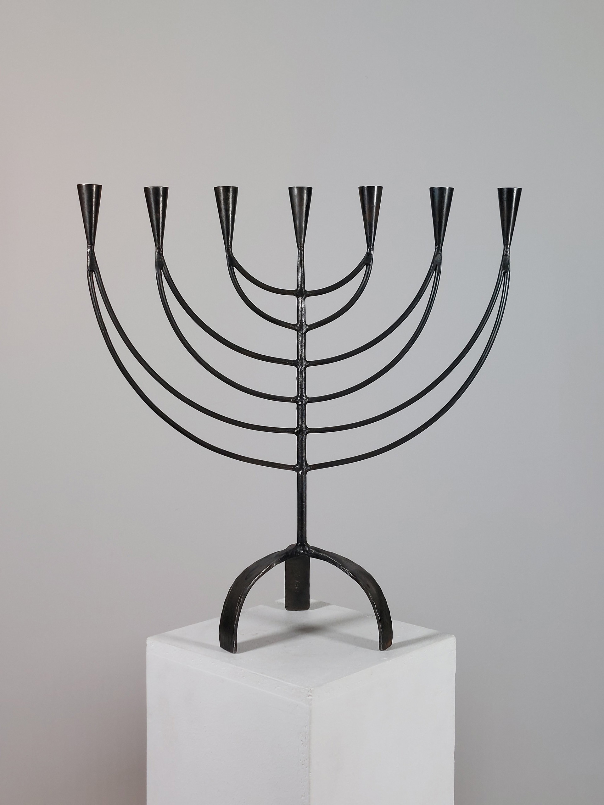 Hand-forged Swedish vintage menorah metal candlestick, 7-flame
