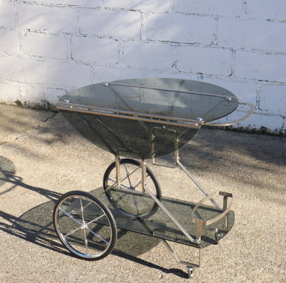 Image 1 of French Mid-Century Smoked Glass and Chrome Bar Trolley-Drop Leaf Bar Cart-Vintage Two Tier Dessert-Bar Trolley-60s