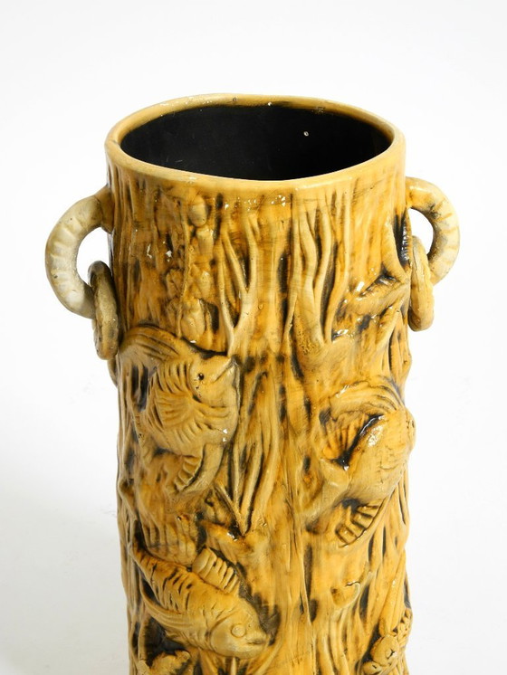 Image 1 of Beautiful large handmade glazed ceramic floor vase, handled vase with maritime fish and starfish motifs | Mid Century Modern