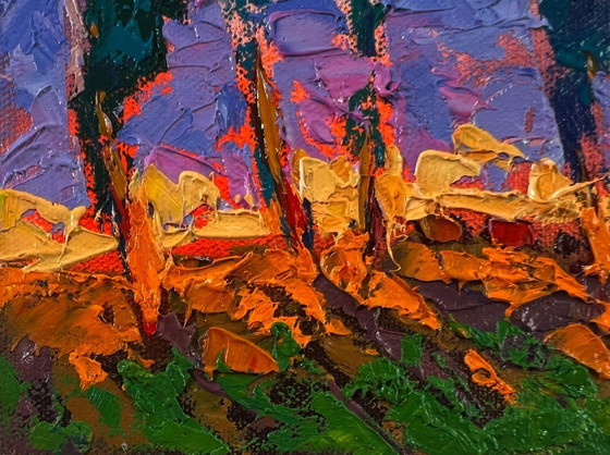 Image 1 of Original Oil Painting Summer Nature Landscape Distant Night