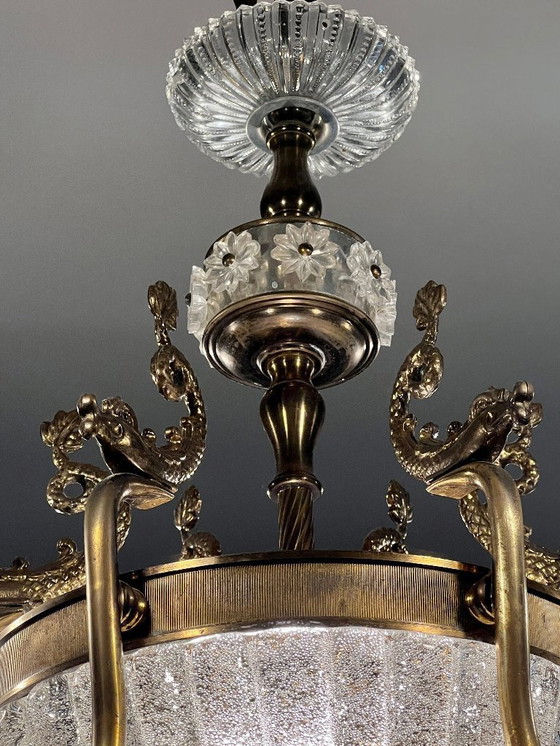 Image 1 of Unikat! Echter Jugendstil-Leuchter mit Glasschale und Fischen aus Messing. Ca. 1915