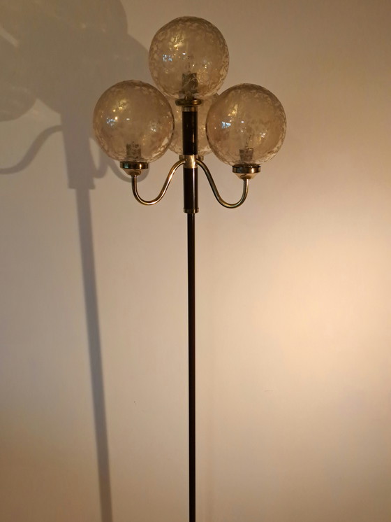 Image 1 of 🟡 Vintage Brass & Brown Metal Floor Lamp – 3 Textured Glass Globes – Germany 1970s