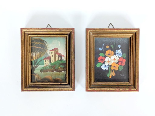 Pair of Small Italian Oil Paintings, Floral and Landscape, Gilded Wood Frames, Signed