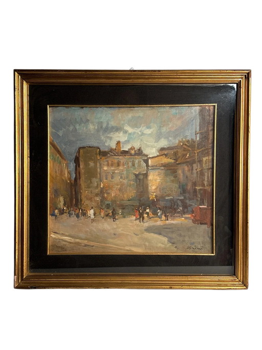 Oil on Board Painting, Cityscape by A. Faini, 1950s