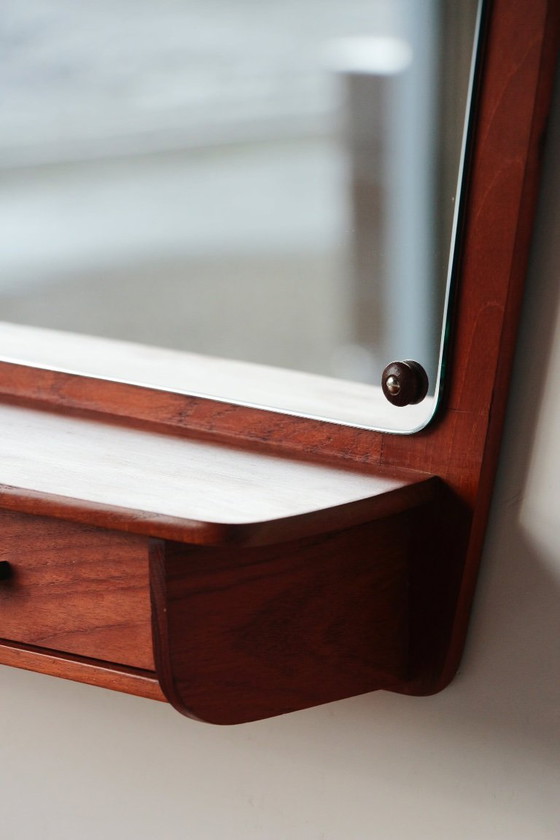 Image 1 of Scandinavian Teak Wall Mirror with Drawers – Mid-Century Danish Design