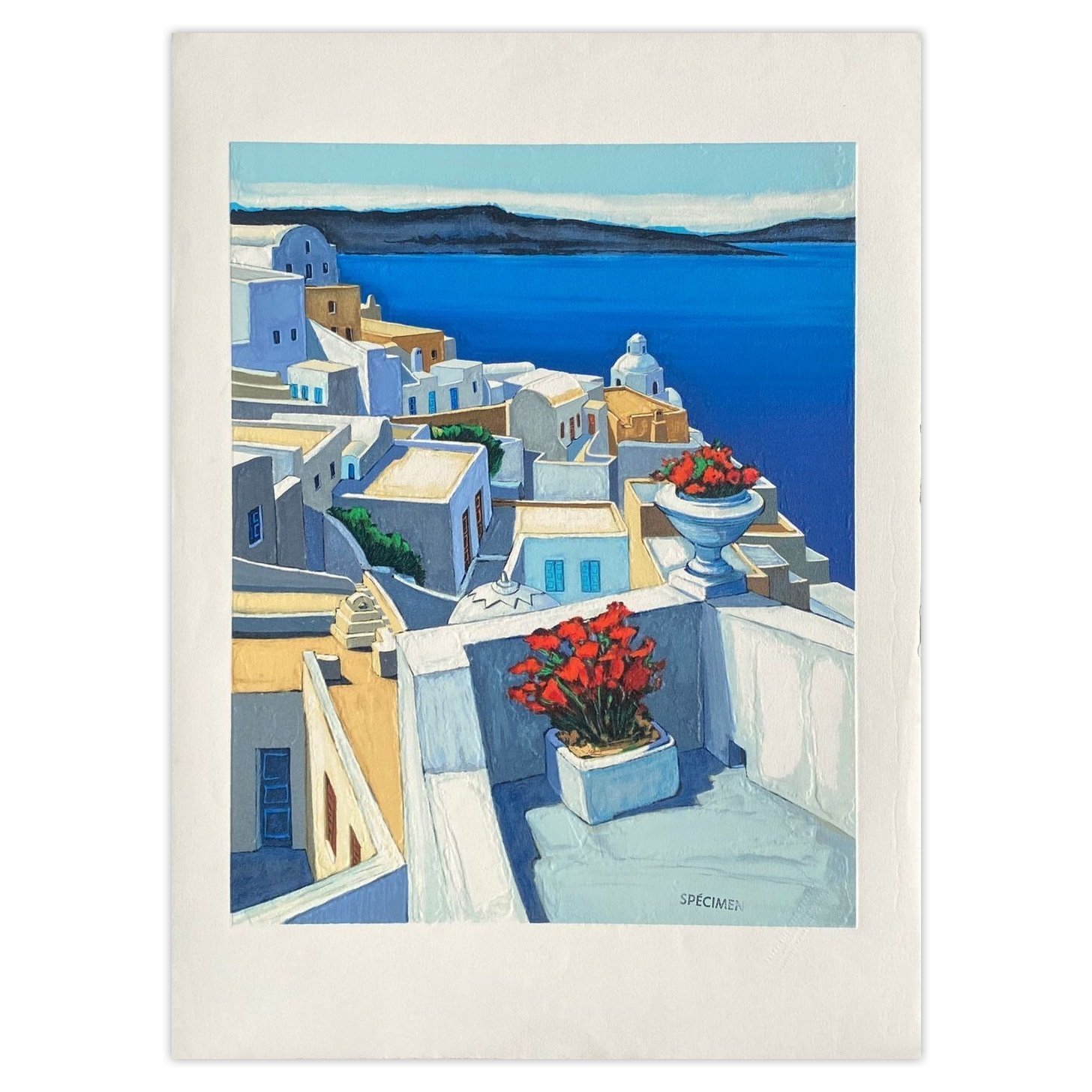 Jean Claude QUILICI lithograph Basin with geraniums in Santorini