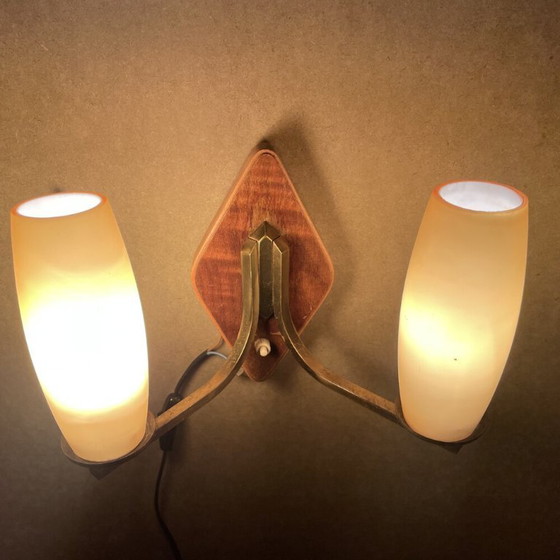 Image 1 of Vintage Mid Century Modern double opaline glass and wood wall sconce