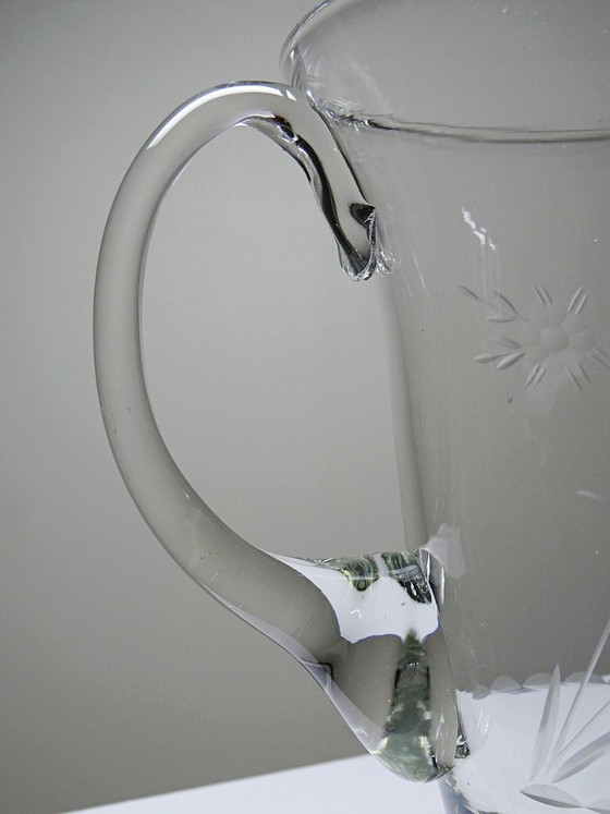 Image 1 of Antique wheel-engraved glass pitcher with vegetal decoration, Bohemia, early 20th century