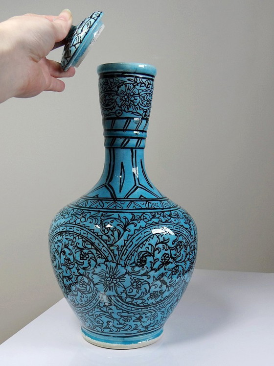 Image 1 of Covered vase or Persian jar, glazed Iznik pottery, turquoise painted, vintage