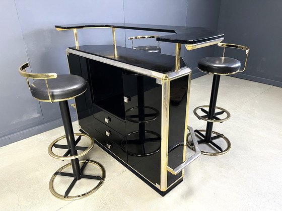 Image 1 of Hollywood Regency Bar with Three Stools, 1970s