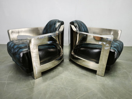 Pair of Timothy Oulton Aviator Leather and Steel Armchairs 1990s (photo 10 of 12)
