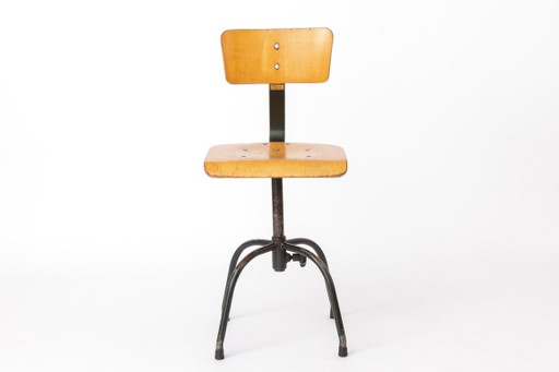 Industrial Swivel Chair by Heni Germany, 1950s Bauhaus Workshop Chair, Vintage Beech Wood & Metal Drafting Chair, Adjustable