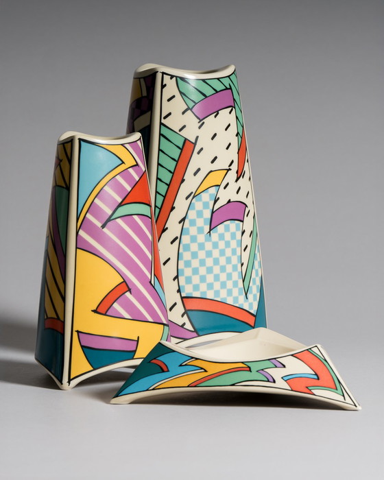 Image 1 of Dorothy Hafner for Rosenthal, “Flash” Vase Duo with Matching Ashtray, Germany, 1980s