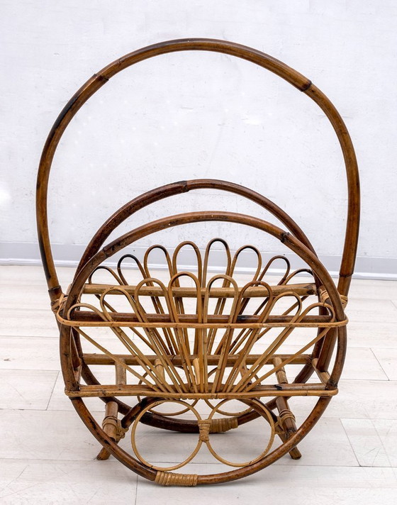 Image 1 of Mid-Century Modern Italian Rattan Bamboo Magazine Rack Stand, 1960s
