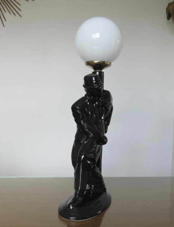 Image 1 of Large Black Ceramic and White Opaline Ball Lamp "Homme Au Lampadaire