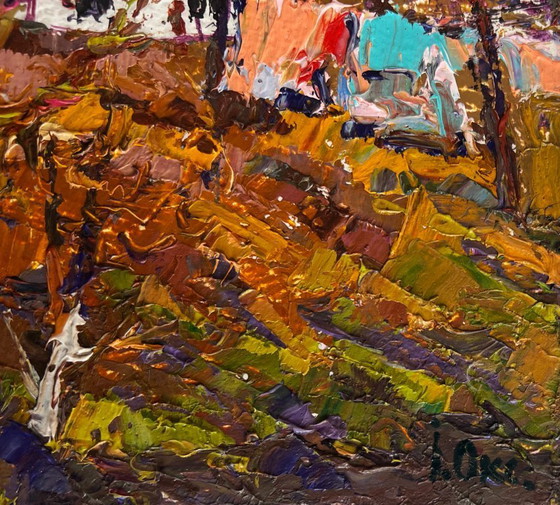 Image 1 of Original Oil Painting Spring Village Landscape Village with the approach of spring