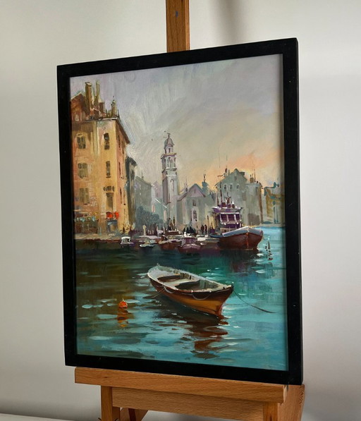 Original Oil Painting Coastal City Landscape Walking tour of the Venetian city