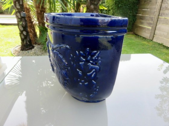 Image 1 of Wall-mounted flower pot, grape motif, in blue glazed ceramic, 1970s