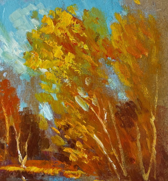 Image 1 of Origineel olieverfschilderij: Herfstlandschap aan een rivier, gouden weerspiegeling van het bos.
