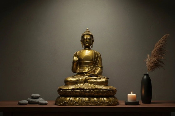 Monumental Estatua de Buda Shakyamuni Tibetano Dorado – Obra de Monje – Abhaya Mudra con Túnica Kasaya (photo 2 of 10)