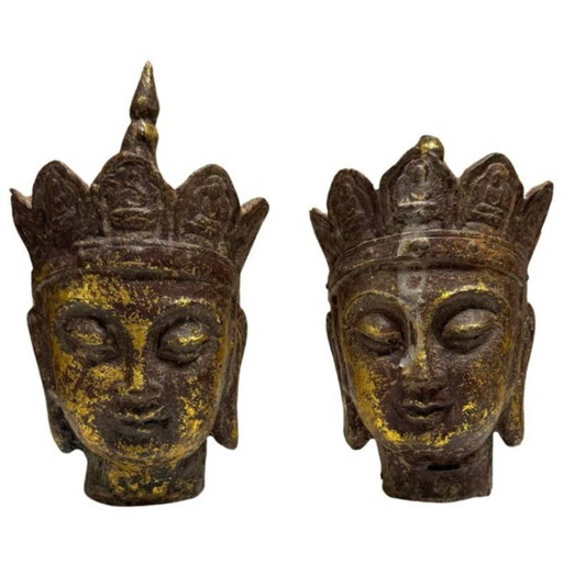 Paire de Têtes Ksitigarbha (Dizang Pusa) – Fonte Dorée, Chine, XVIIIe-XIXe siècle