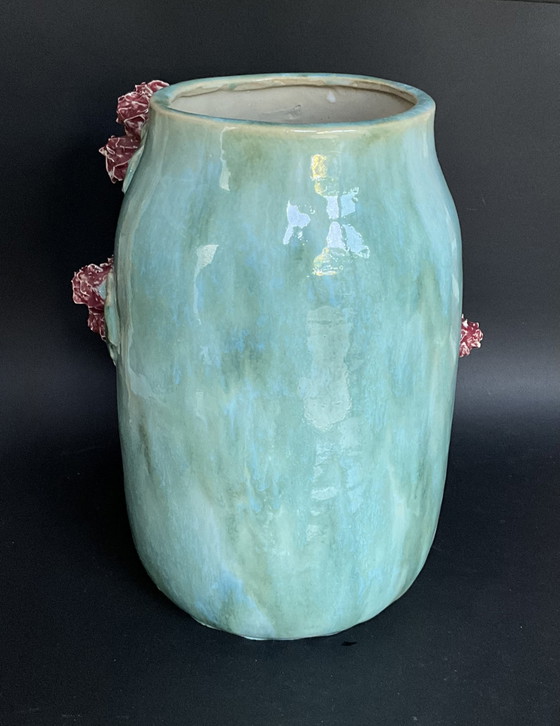 Image 1 of Vase en céramique turquoise à relief floral Athezza