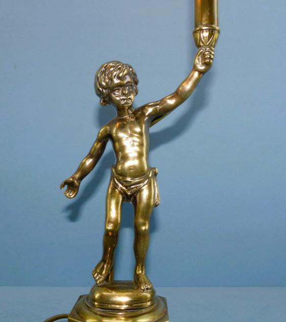 Image 1 of Set Vintage Table Lamps - Candlestick Figures With Flame Shaped Shade - Brass Bring Atmosphere And Class To Your Interior