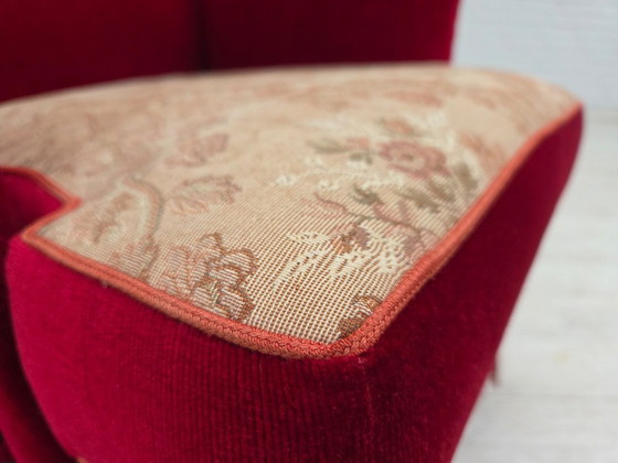 Image 1 of 1970s, Danish armchair, red furniture velour, ash wood.