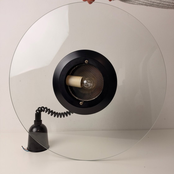 Vintage mid century UFO-Pendant lamp, round glass disc, Aluminium, Black (photo 5 of 11)
